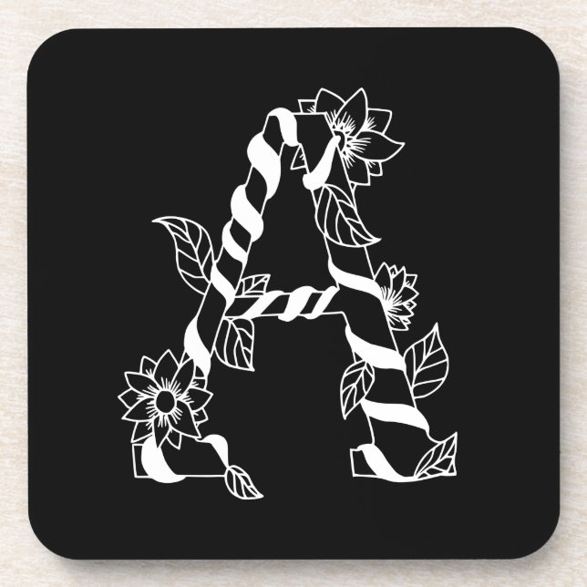 Black and White Letter "A" with Twining Flowers Coaster (Front)
