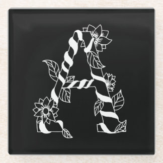 Black and White Letter "A" with Twining Flowers Glass Coaster