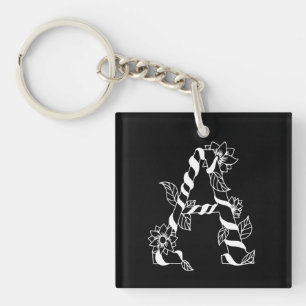 Black and White Letter "A" with Twining Flowers Key Ring