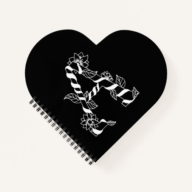 Black and White Letter "A" with Twining Flowers Notebook (Front)