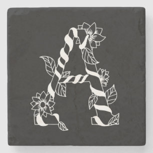 Black and White Letter "A" with Twining Flowers Stone Coaster