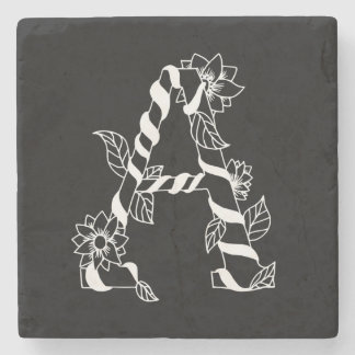 Black and White Letter "A" with Twining Flowers Stone Coaster