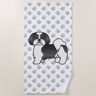 Black And White Lhasa Apso Cute Cartoon Dog Beach Towel