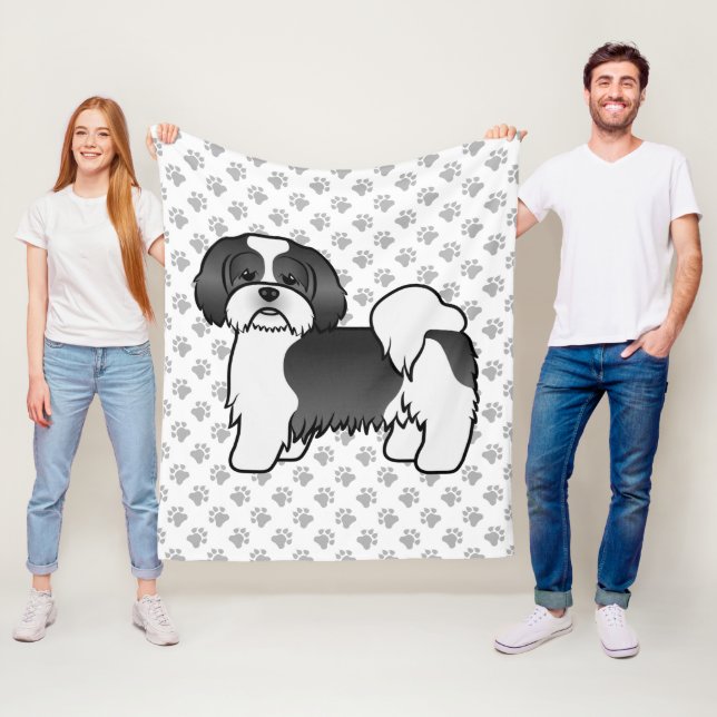 Black And White Lhasa Apso Cute Cartoon Dog Fleece Blanket (In Situ)