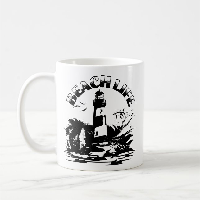 Black and White Lighthouse Beach Life Coffee Mug (Left)