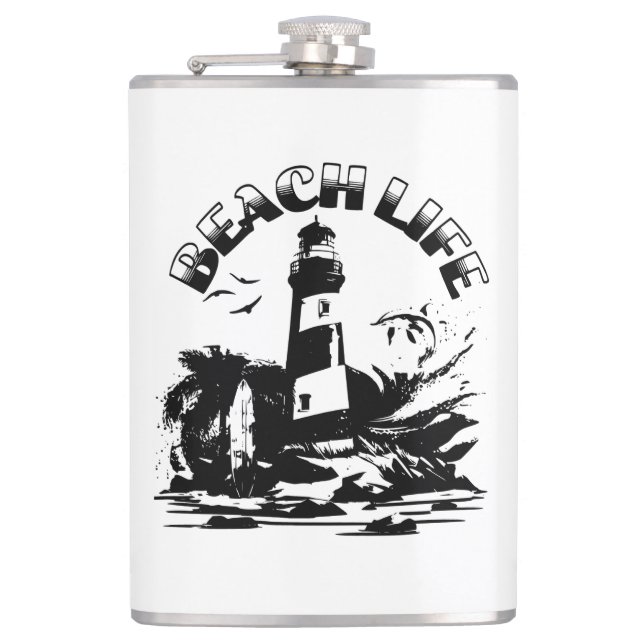 Black and White Lighthouse Beach Life Hip Flask (Front)