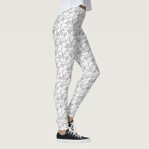 Black and White Lily-of-the-Valley Floral Outline Leggings