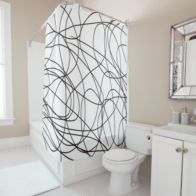 Black and white line art  shower curtain (In Situ)
