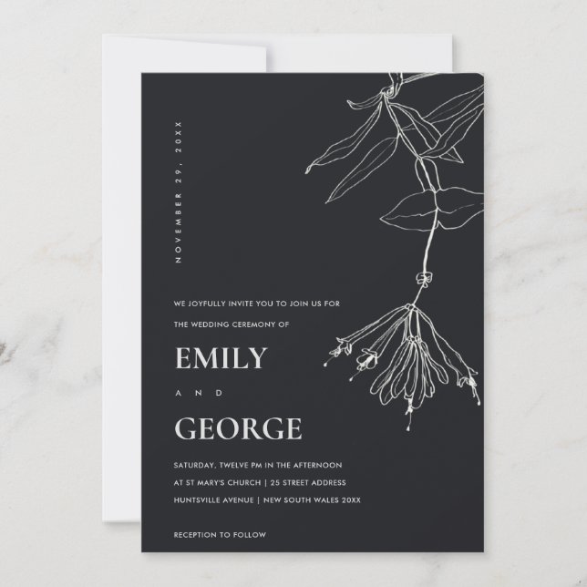 BLACK AND WHITE LINE DRAWING FLORAL WEDDING INVITE (Front)