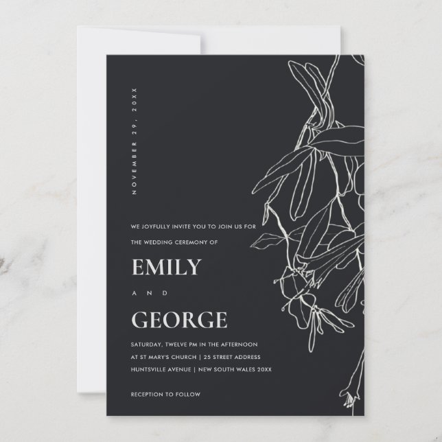 BLACK AND WHITE LINE DRAWING FLORAL WEDDING INVITE (Front)