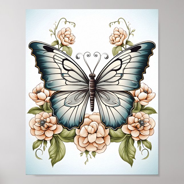 Black And White Line Drawing Of A Butterfly  Poster (Front)