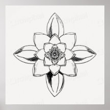 Black and white line drawing water lily flower