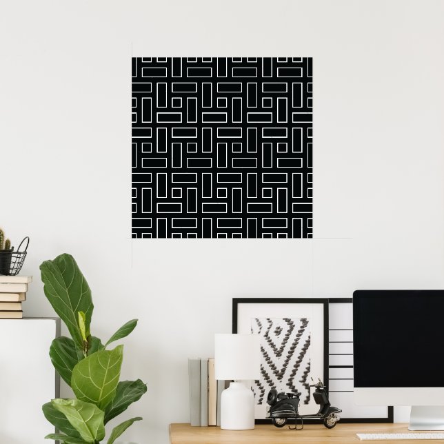 Black and White Linear Block Pattern - Black Poster (Home Office)