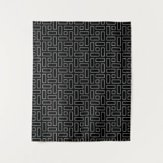 Black and White Linear Block Pattern - Black Tapestry