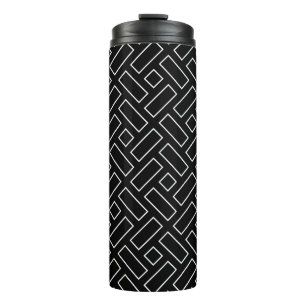 Black and White Linear Block Pattern - Black Thermal Tumbler