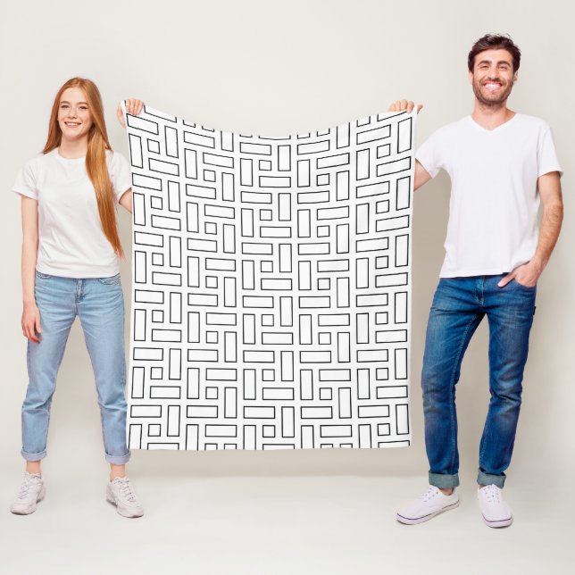 Black and White Linear Block Pattern - White Fleece Blanket (In Situ)