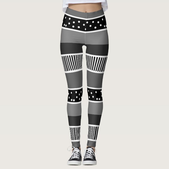 Black and White Lines and Polka Dot Abstract Leggings (Front)