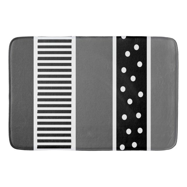 Black and White Lines and Polka Dot Bath Mat (Front)