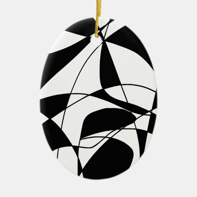 Black and White lines, block colour print pattern Ceramic Tree Decoration (Front)