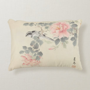Black and White Little Bird Among Pink Flowers Decorative Cushion