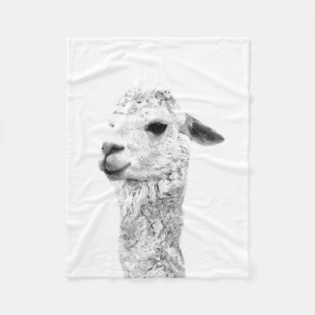 Black and white llama farm animal portrait fleece blanket (Front)