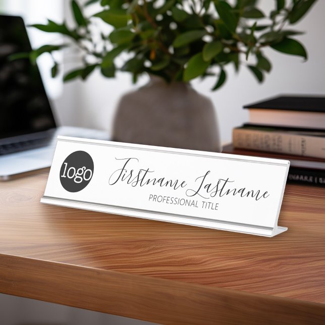 Black and White - Logo, Name, Title Script Desk Name Plate (Custom Name Plate - Executive Desk Sign with Name and title or other text)