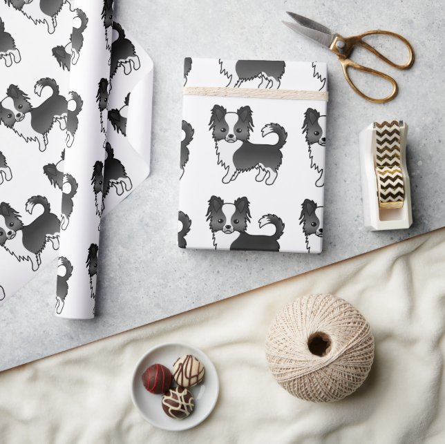 Black And White Long Coat Chihuahua Dog Pattern Wrapping Paper (Crafts)