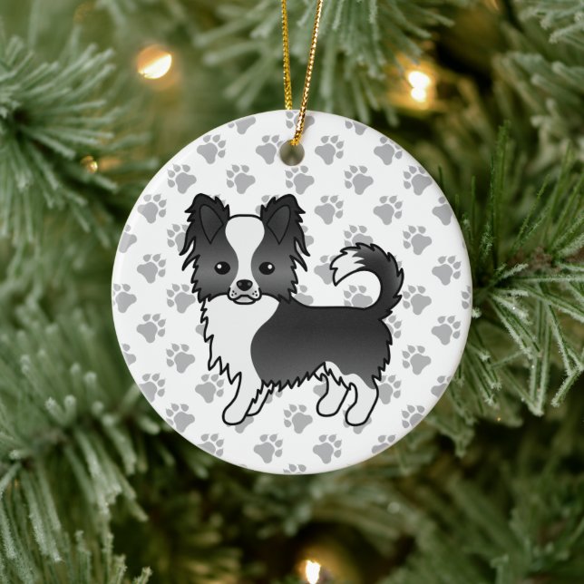 Black And White Long Coat Chihuahua Dog & Paws Ceramic Tree Decoration (Tree)