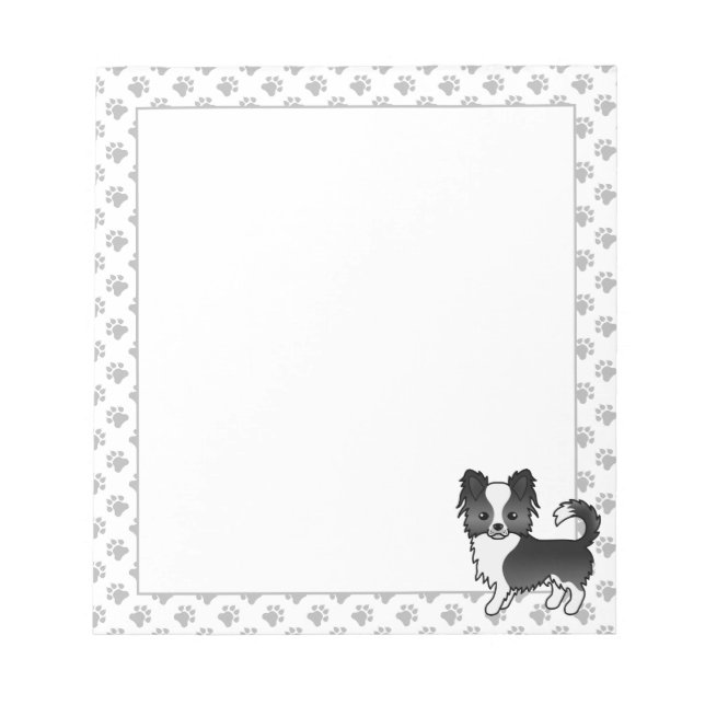 Black And White Long Coat Chihuahua Dog & Paws Notepad (Front)
