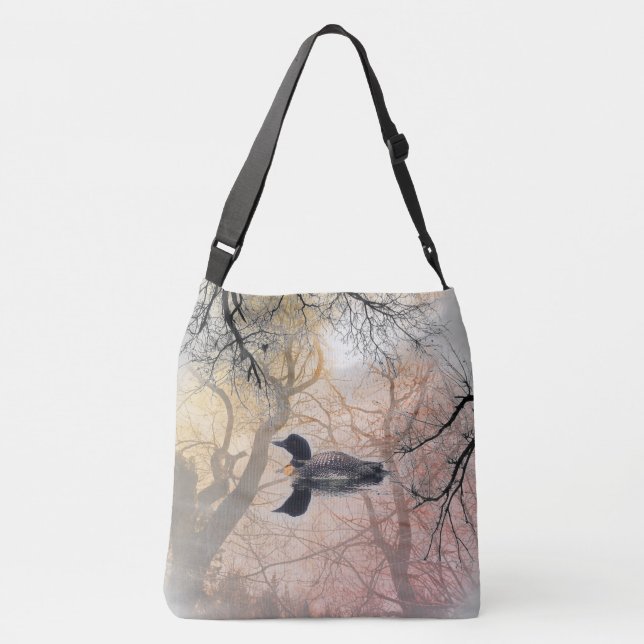 Black and white loon on a lake Cross Bag abstract (Back)