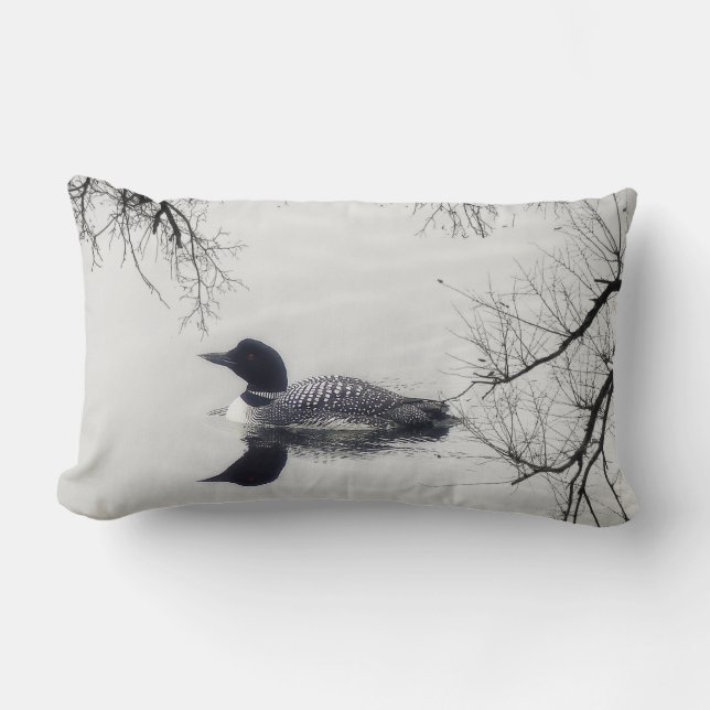 Black and white loon on a lake decor pillow (Front)