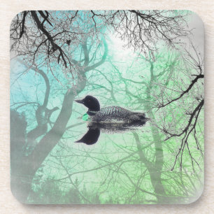 Black and white loon on a lake set of coasters