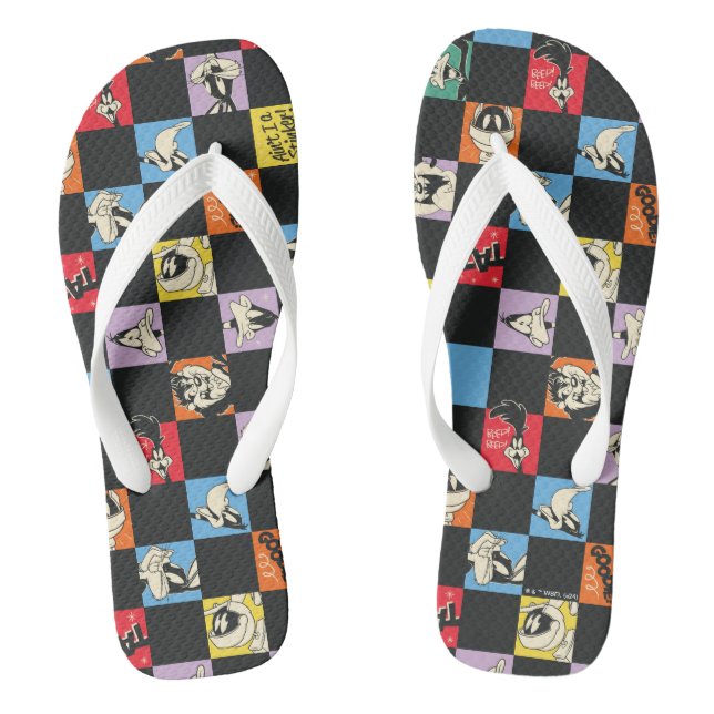 Black and White LOONEY TUNES™ in Colourful Chequer Jandals (Footbed)