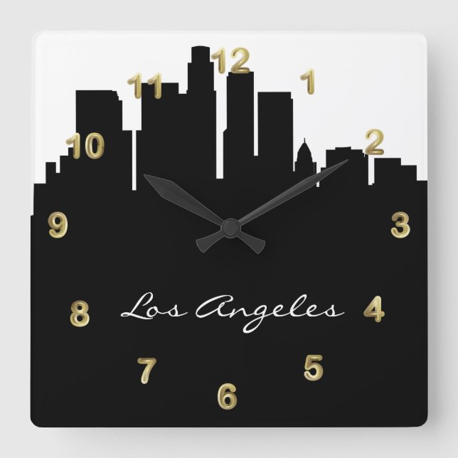 Black and White Los Angeles Skyline Square Wall Clock (Front)