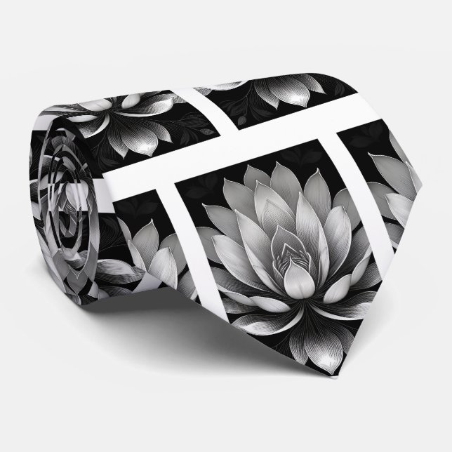 Black and White Lotus Pattern Tie (Rolled)