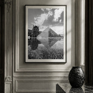 Black and White Louvre Pyramid Paris Reflection Poster