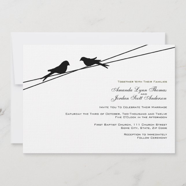 Black and White Love Birds on a Wire Invitation (Front)