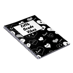 Black and White Love Hearts Fifth Grade Vibes   Notebook
