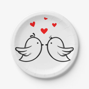 Black And White Lovebirds Red Hearts Wedding Party Paper Plate