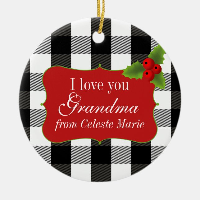 Black and White Lumberjack Plaid Holly Berries Ceramic Tree Decoration (Front)