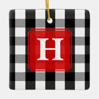 Black and White Lumberjack Plaid Monogram Ceramic Tree Decoration