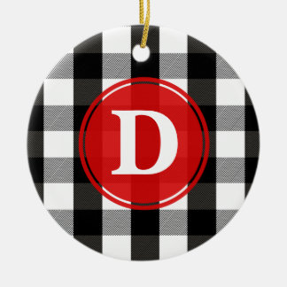 Black and White Lumberjack Plaid Monogram Ceramic Tree Decoration