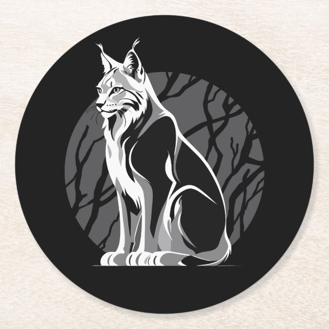 Black And White Lynx Round Paper Coaster (Front)