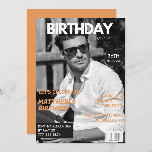 Black and white Magazine Editorial 36th birthday Invitation (Front/Back)