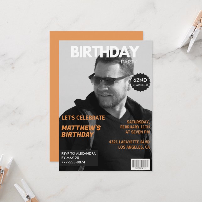 Black and white Magazine Editorial 62nd birthday Invitation (Front/Back In Situ)