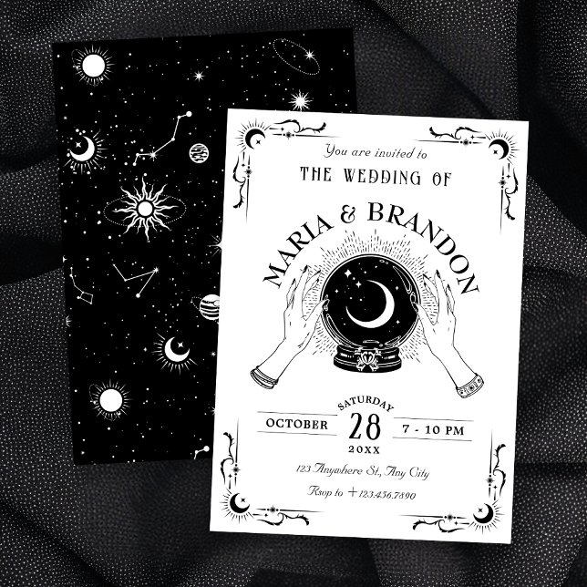 Black and white magic moon crystal ball wedding invitation (Creator Uploaded)