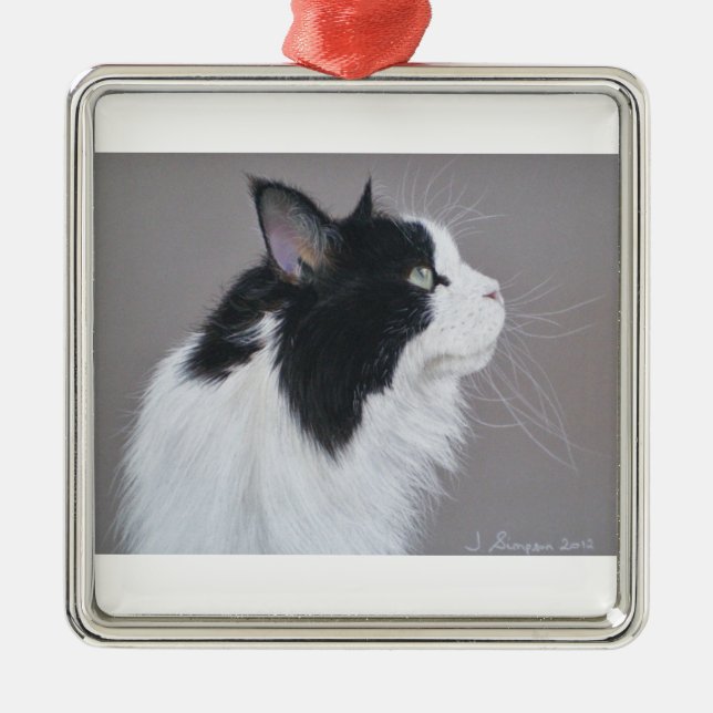 Black and White Maine Coon cat. Metal Tree Decoration (Front)