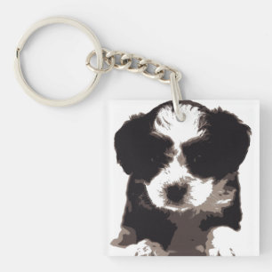 Black and White Maltese Puppy Dog Key Ring