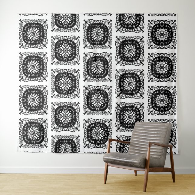 Black and White Mandala Floral Pattern Tapestry (In Situ (Horizontal))