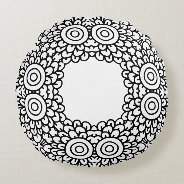 Black and White Mandala Frame Pattern  Round Cushion (Front)